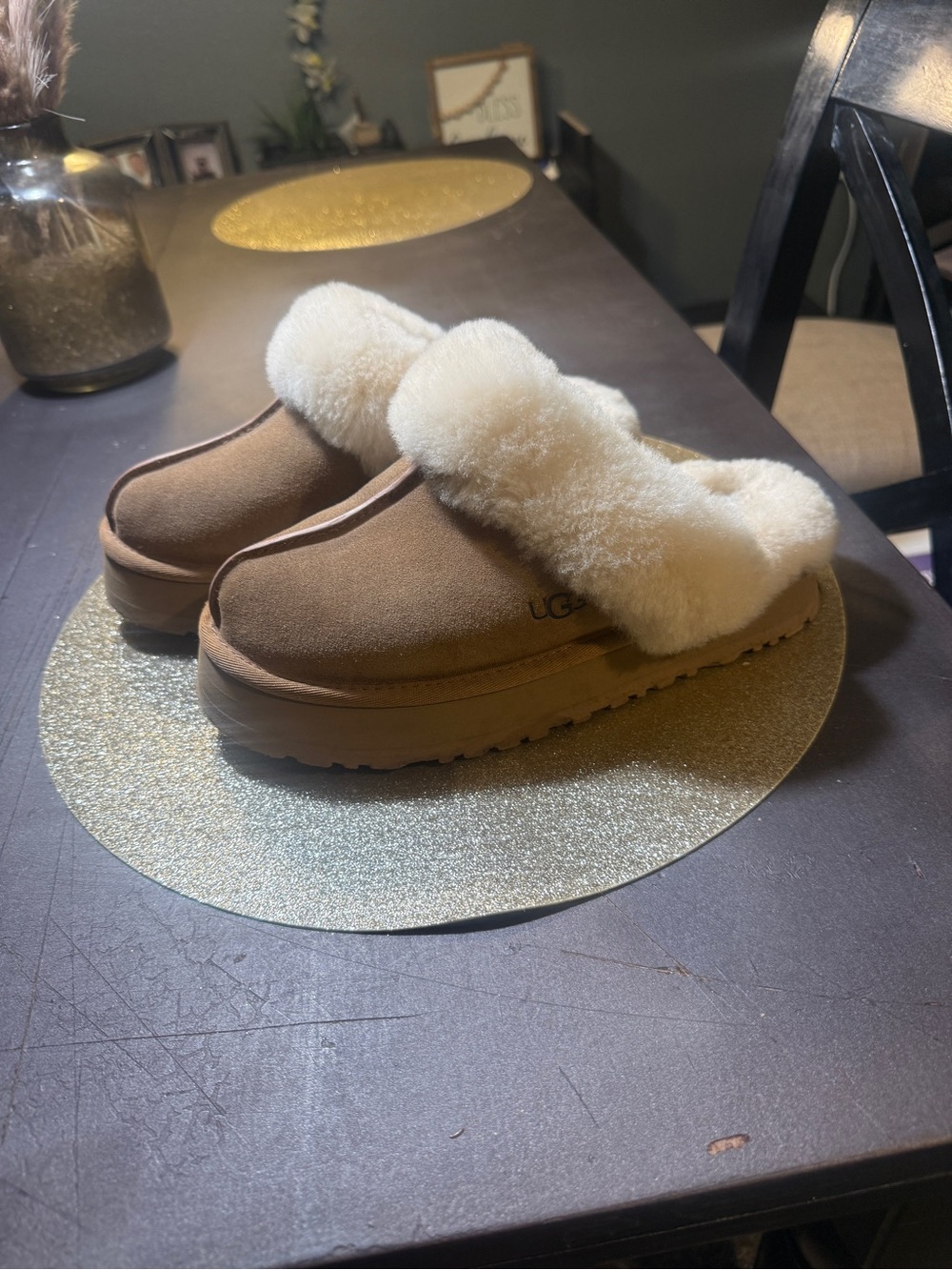 UGG Women's Chestnut Suede Shearling Clog Slippers with Cream Lining